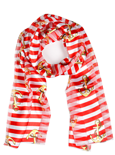 Anchor Print Satin Scarf with red & white stripes